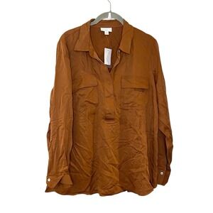 J Jill Long Sleeve Nutmeg Rayon Button Down Blouse Popover Henley $89 L *Flaw*